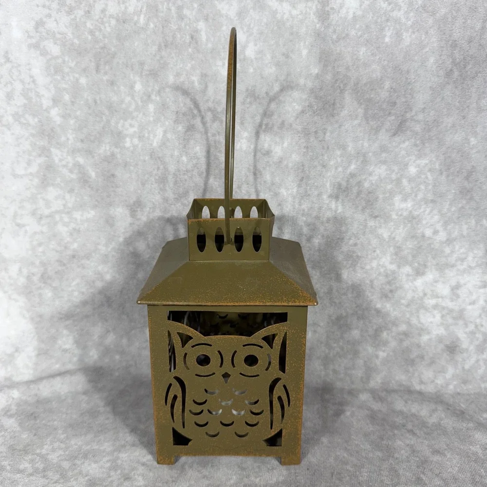 Vtg 90s Y2K Rustic Metal Owl Lantern Tealight‎ Distressed Bronze Hanging Decor